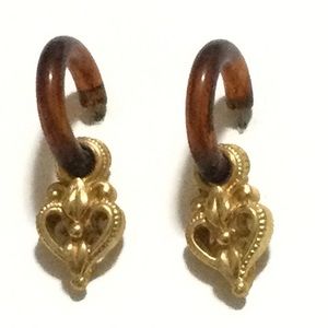 Earrings - Tortoise Hoops with Gold Heart Dangles